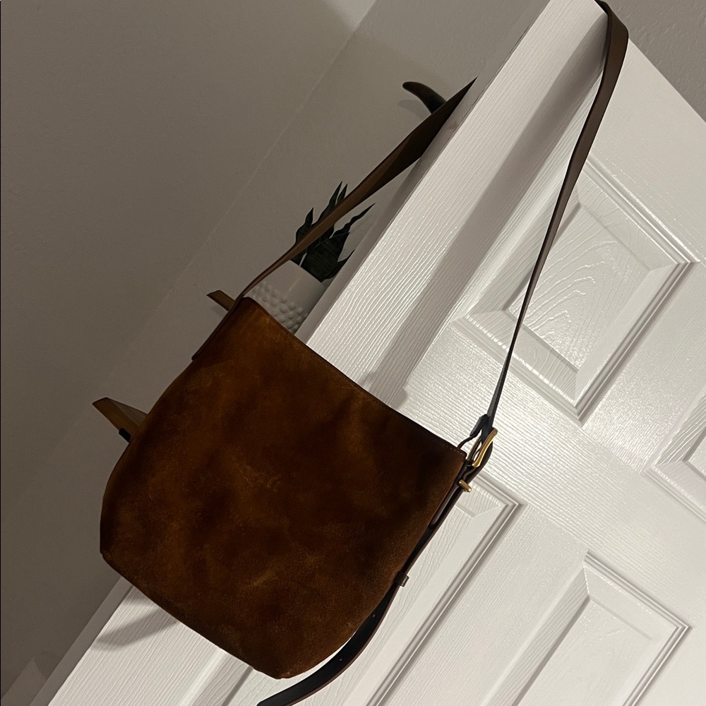Quince Suede Crossbody Bag in Brown with Tan Strap - Picture 3 of 10